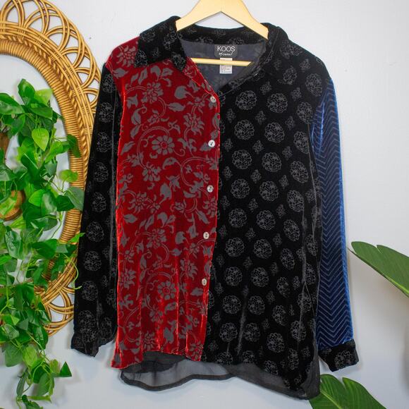 Vtg Koos of Course Velvet Patchwork Burnout Artsy Statement Blouse M Dark Winter - Picture 1 of 8